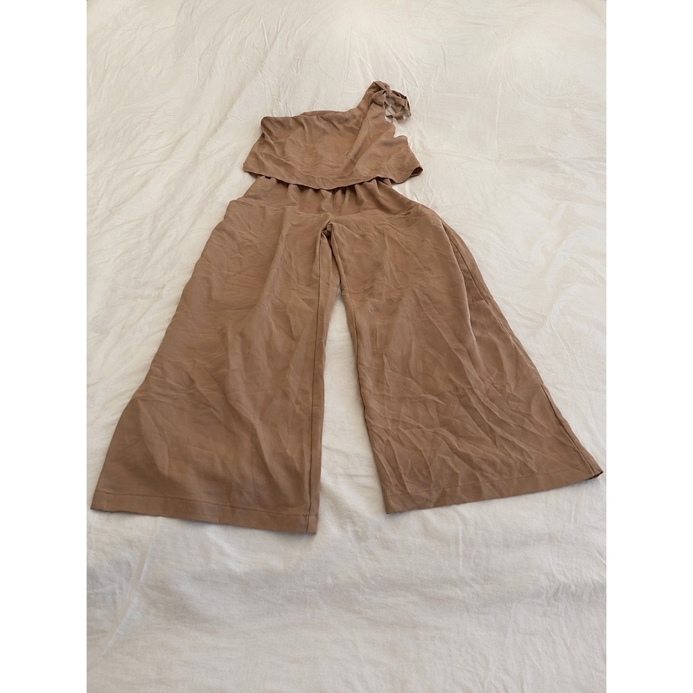 BTFBM Women's One Shoulder Wide Leg Jumpsuit Camel Tan Tie Shoulder XL NWT - Picture 3 of 7
